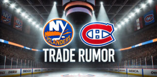 Montreal Canadiens logo and New York Islanders logo side-by-side, symbolizing potential trade.