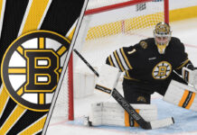 Jeremy Swayman in Boston Bruins uniform standing in front of a net with a determined expression.