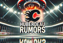 Calgary Flames logo with the words Jonathan Huberdeau rumors below the logo