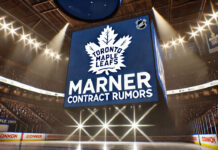 Toronto Maple Leafs logo with the words Marner contract rumors below the logo