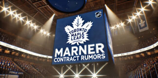 Toronto Maple Leafs logo with the words Marner contract rumors below the logo