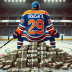 Leon Draisaitl Commits to Edmonton Oilers with $112M Eight-Year Contract Extension Leon Draisaitl sitting on stacks of money celebrating his contract extension with the Oilers