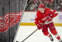 Lucas Raymond celebrates a goal in his Detroit Red Wings jersey, signifying a bright future for the team
