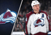 Mikko Rantanen in an Avalanche jersey celebrating a goal