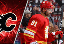 Nazem Kadri in a Calgary Flames jersey celebrating a goal