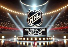 A NHL logo on ice with the text NHL Predictions 2024-25