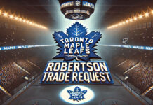 Toronto Maple Leafs logo with the words Robertson trade request