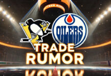 Edmonton Oilers logo facing the Pittsburgh Penguins logo with the words NHL trade rumors below the logos