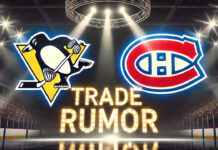 Pittsburgh Penguins and Montreal Canadiens logos with the words NHL trade rumors below the logos