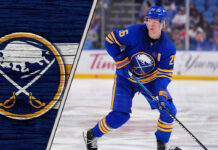 Rasmus Dahlin wearing the Buffalo Sabres jersey with the captain's "C" on it.