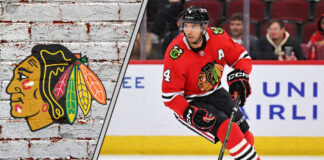 Chicago Blackhawks defenseman Seth Jones skating with the puck during an NHL game