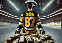 Sidney Crosby sitting on stacks of money celebrating his contract extension with the Pittsburgh Penguins