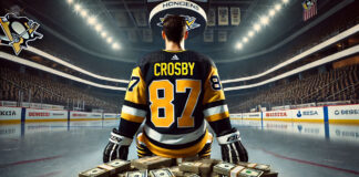 Sidney Crosby sitting on stacks of money celebrating his contract extension with the Pittsburgh Penguins