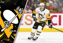Sidney Crosby in a Pittsburgh Penguins jersey skating with the puck.