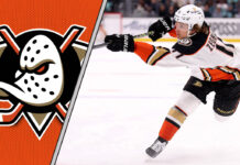 Trevor Zegras in action, wearing an Anaheim Ducks jersey