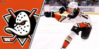 Trevor Zegras in action, wearing an Anaheim Ducks jersey