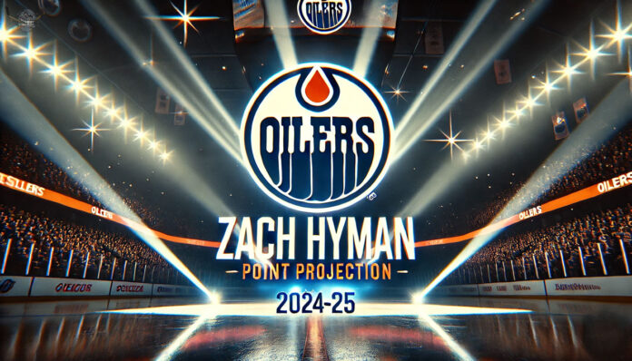 Unveiling Hyman's Offensive Potential in the 2024-25 Season Edmonton Oilers logo with the words Zach Hyman point projection 2024-25