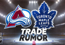 Colorado Avalanche and Toronto Maple Leafs logos side-by-side with the words NHL trade rumors below the logos