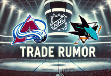 Colorado Avalanche and San Jose SHarks logos side-by-side with the words NHL trade rumors below the lgos