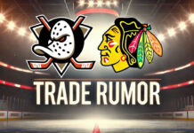 Anaheim Ducks and Chicago Blackhawks logos side-by-side with the words NHL trade rumors below the logos
