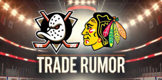 Anaheim Ducks and Chicago Blackhawks logos side-by-side with the words NHL trade rumors below the logos