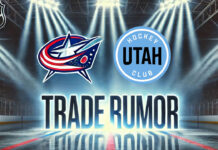 Columbus Blue Jackets and Utah Hockey Club logos with the words NHL trade rumors below the logos.