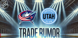 Columbus Blue Jackets and Utah Hockey Club logos with the words NHL trade rumors below the logos.