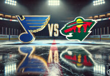 Minnesota Wild and St. Louis Blues logo with the word vs. between the logos.