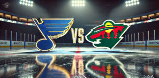 Minnesota Wild and St. Louis Blues logo with the word vs. between the logos.