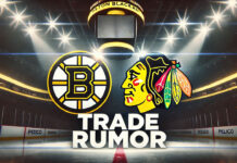 Boston Bruins and Chicago Blackhawks logos side-by-side with the words NHL trade rumors below the logos