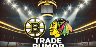 Boston Bruins and Chicago Blackhawks logos side-by-side with the words NHL trade rumors below the logos
