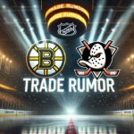 Bruins-Ducks Trade Rumors: Is Swayman on His Way Out? Boston Bruins and Anaheim Ducks logos with the words NHL trade rumors below the logo