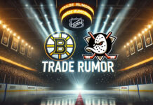 Boston Bruins and Anaheim Ducks logos with the words NHL trade rumors below the logo