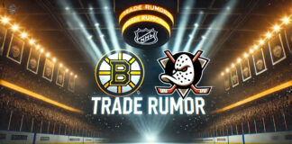 Boston Bruins and Anaheim Ducks logos with the words NHL trade rumors below the logo