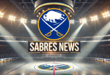 Rasmus Dahlin and Peyton Krebs fighting at Buffalo Sabres practice