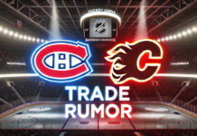 Montreal Canadiens and Calgary Flames logos side-by-side with the words NHL trade Rumors below the logos