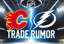 Calgary Flames and Tampa Bay Lightning logos side-by-side. With the words NHL trade rumors below the logos.