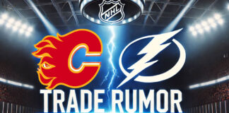 Calgary Flames and Tampa Bay Lightning logos side-by-side. With the words NHL trade rumors below the logos.