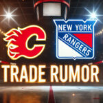 Calgary Flames and New York Rangers logos side-by-side. NHL trade rumors text below the logos.