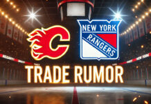 Calgary Flames and New York Rangers logos side-by-side. NHL trade rumors text below the logos.