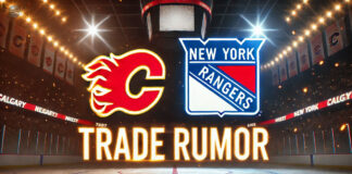 Calgary Flames and New York Rangers logos side-by-side. NHL trade rumors text below the logos.
