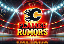 Calgary Flames logo with the words Flames rumors below the logo. Will Nazem Kadri be traded at the NHL trade deadline?