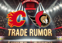 Calgary Flames and Ottawa Senators logo with Shane Pinto and MacKenzie Weegar discussed in the NHL trade rumor