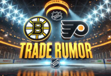 Philadelphia Flyers and Boston Bruins logos side-by-side with the words NHL trade rumors below the logos