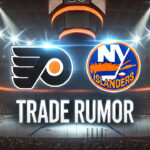 Pierre Engvall Trade Rumors: Could the Flyers Be a Landing Spot? Philadelphia Flyers and New York Islanders logos side-by-side with the words NHL trade rumors below the logos