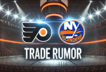 Philadelphia Flyers and New York Islanders logos side-by-side with the words NHL trade rumors below the logos