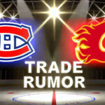 Calgary Flames Eyeing Kirby Dach Trade? | NHL Trade Rumors Montreal Canadiens and Calgary Flames logos with the words NHL trade rumors below the logos. The rumor is about Kirby Dach going to Calgary.