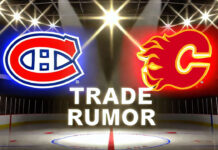 Montreal Canadiens and Calgary Flames logos with the words NHL trade rumors below the logos. The rumor is about Kirby Dach going to Calgary.