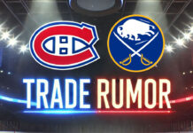 Montreal Canadiens and Buffalo Sabres logo side-by-side with the words NHL trade rumors below the logos