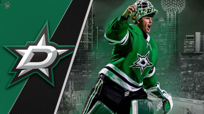 Jake Oettinger in Dallas Stars uniform celebrating his new contract extension